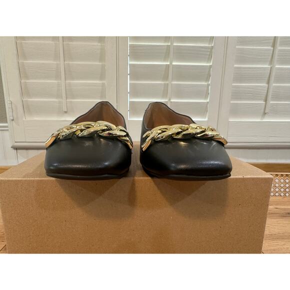 Linea Paolo Natalie Black Flats Size 7 NWOB Gold Chain Detail Unique Heel - Picture 7 of 12